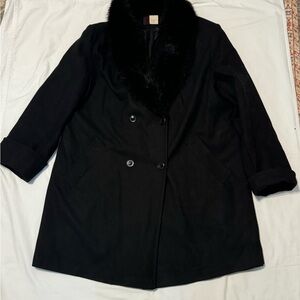 Stephanie Matthews Women’s Wool Pea Coat Black Fur Collar Double Breasted 18/20